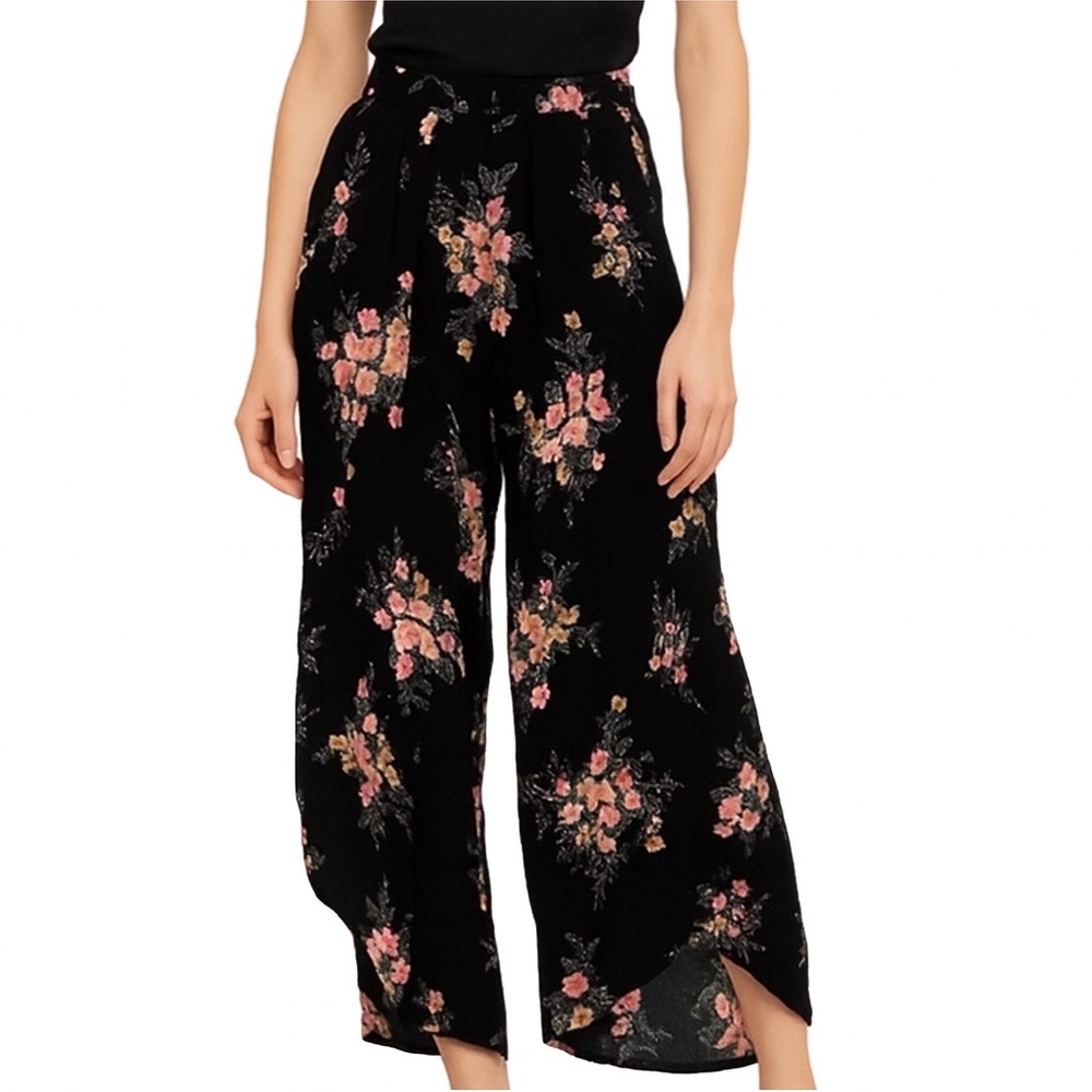 American Rag Black Floral Wide Leg Pants Side Slit Tie Waist Rayon Boho Size S